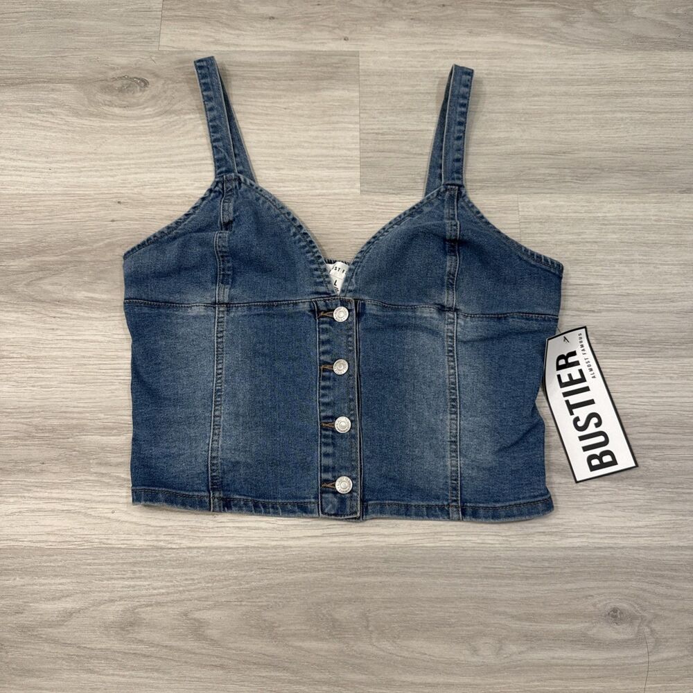 Almost Famous Bustier Womens Medium Top Blue Denim Front Button Up Straps